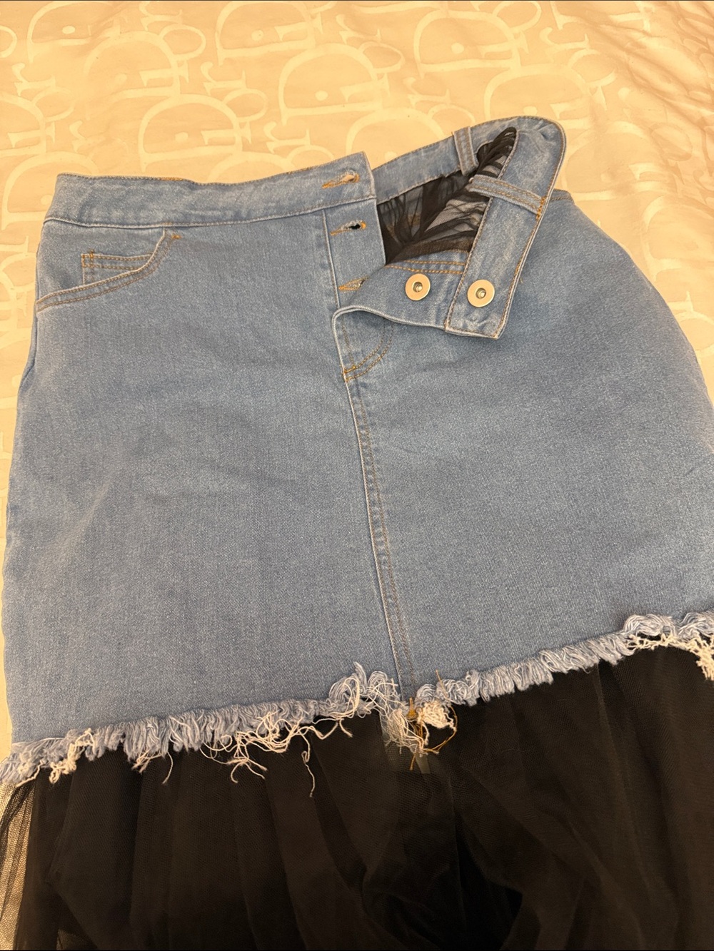 Hot & Delicious Light Blue Denim Mini Skirt with Black Tulle